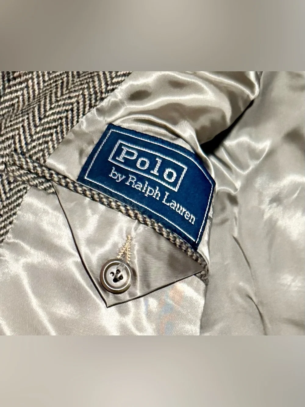 VTG Polo Ralph Lauren Tweed Blazer Patch Pocket Throat Latch Herringbone USA 42R